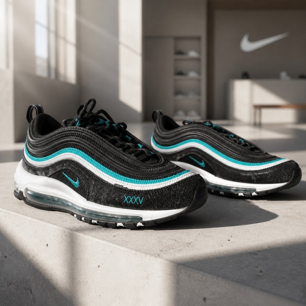 Nike Air Max 97 SE XXXV Anniversary Black Teal Denim Sneakers 5.5Y